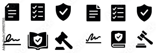 Legal icons with document shield gavel minimal