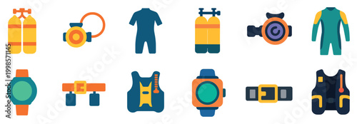 Diving icons with air tanks wetsuit colorful