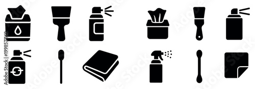Cleaning icons with brush spray cloth colorful