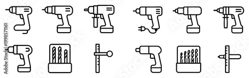 Tools icons with drill and bit outline