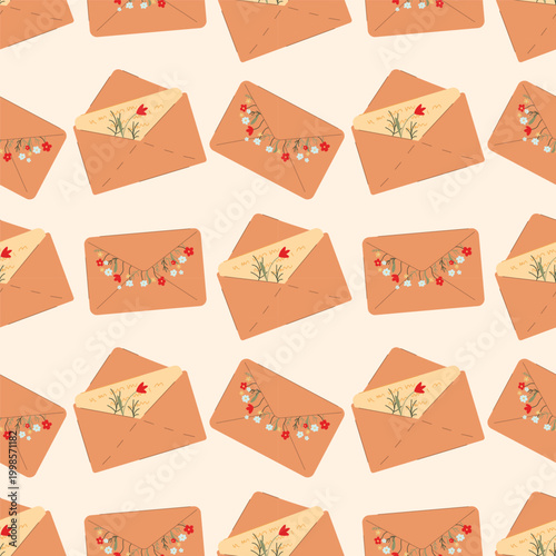 Seamless pattern with cute envelopes and letters in a flat style. Perfect for stationery designs, backgrounds, and communication themes.