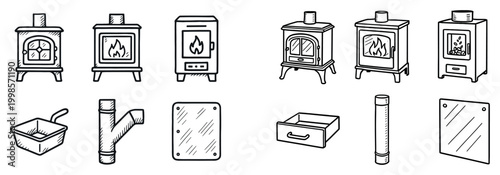 Home icons with stove pan pipe outline