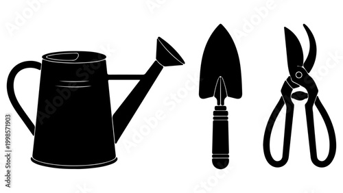 Black Garden Tools Silhouette Set with Watering Can Trowel and Pruning Shears Isolated on Transparent Background