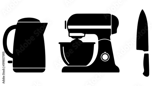 Kitchen Appliance Icon Set with Electric Kettle Stand Mixer and Chef Knife Black Silhouette Isolated on Transparent Background