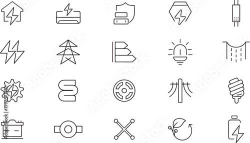 Electricity, electrical energy icon set. Contains icons Electric power line, light, light bulb and electrical equipment. Outline Icon Collection. Editable stroke. Vector illustration. Set of icons.
