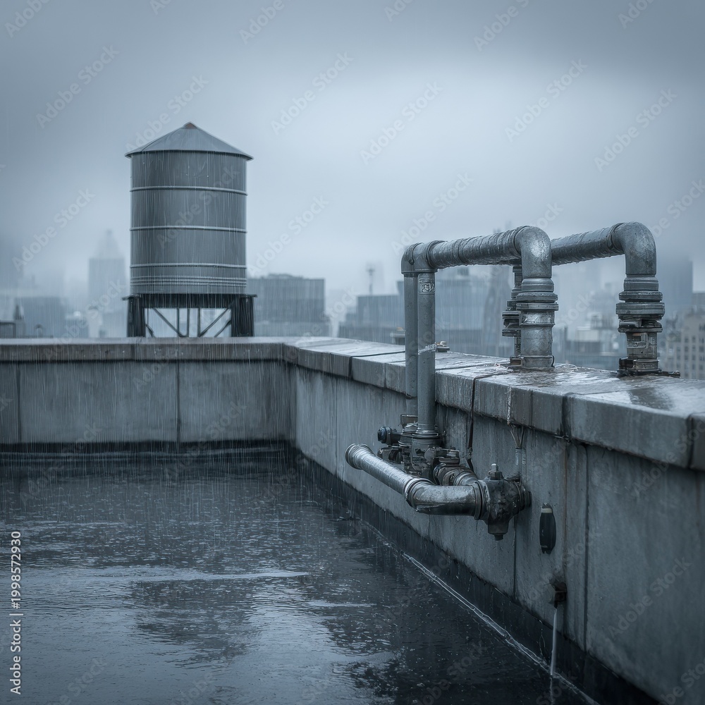 Obraz premium Urban Rooftop Rainwater Harvesting System Against Overcast City Skyline