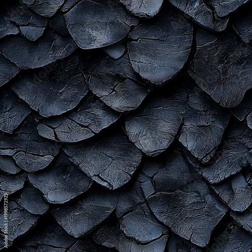 Seamless pattern of dark obsidian dragon scales displaying battle scarred rugged organic texture.