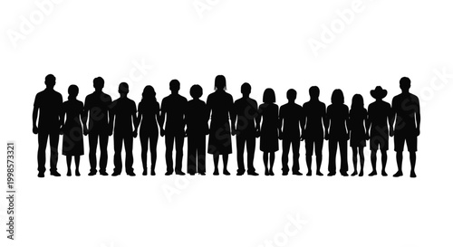 A diverse group of people standing together in silhouette against a white background