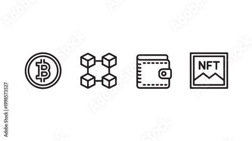Cryptocurrency Icon Set Featuring Bitcoin Blockchain Wallet and NFT for Fintech and Digital Finance