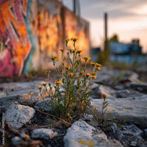 Urban rewilding with wildflowers and graffiti art in an industrial city at golden hour