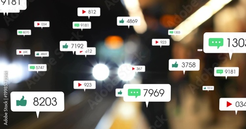 Floating social bubbles hovering over transit platform at night, showing headlights and counters