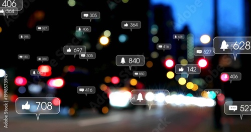 Floating social media notification badges drifting over urban street at night, with headlight bokeh