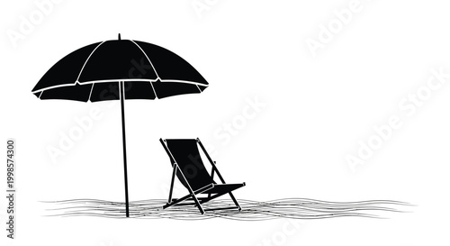 Black silhouette of a beach chair and umbrella standing together on a white summer background
