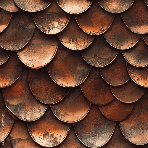 Seamless pattern of overlapping copper scale armor displaying a warm shiny metallic texture.