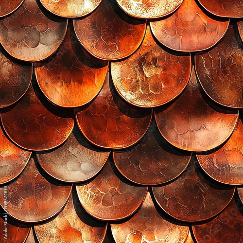 Seamless pattern of overlapping copper scale armor displaying a warm shiny metallic texture.