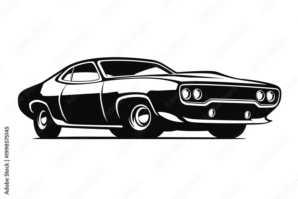 Fototapeta premium Vintage muscle car vector illustration, classic retro sports coupe silhouette, black and white automotive graphic for garage apparel and racing logos