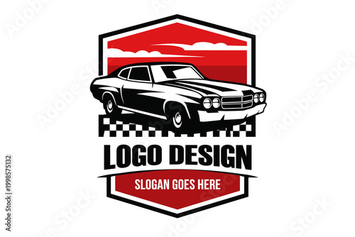 Vintage muscle car logo design, retro automotive emblem with classic vehicle illustration, red and black racing shield for garage or car club branding