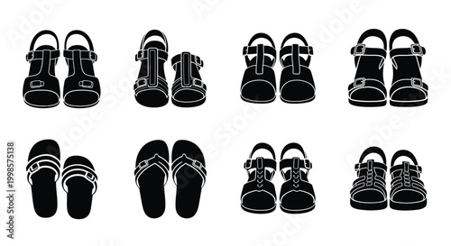 Collection of various summer sandals presented as a black silhouette