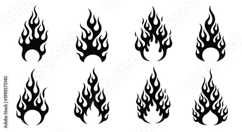 Eight black flame shapes arranged on a white background silhouette