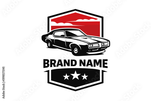 Vintage muscle car logo template, retro automotive badge with classic sports car illustration, red and black vehicle emblem for garage or car club