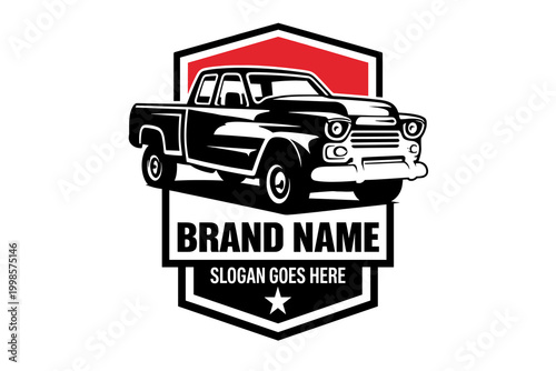 Vintage pickup truck logo design, retro automotive badge with classic vehicle, red and black emblem for garage or restoration shop vector