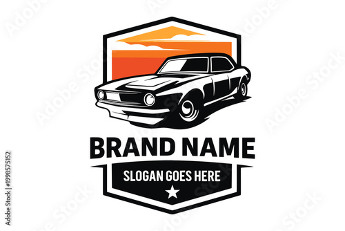 Vintage muscle car logo template, retro automotive badge with classic vehicle silhouette, orange sunset shield emblem for car club or garage