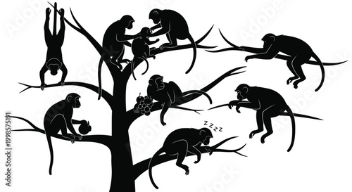 Monkeys playfully interacting on branches a striking black silhouette