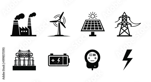 Renewable energy sources and power infrastructure in black silhouette
