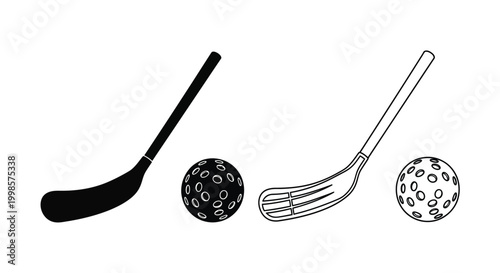 Hockey equipment illustration featuring a stick balls and a solid silhouette