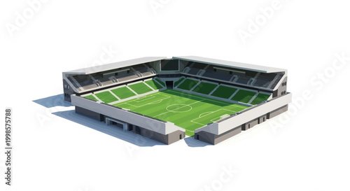 Minimalist 3D rendered isometric view of a modern football soccer stadium with empty stands