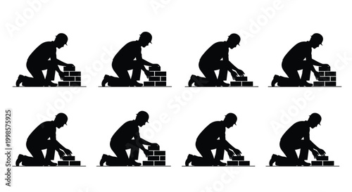 Construction workers building with bricks in a sequential progression silhouette