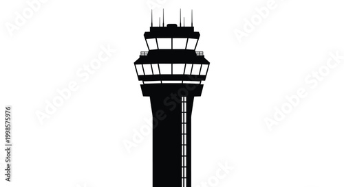 A stark black control tower stands prominently against a white background silhouette
