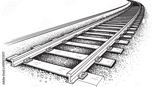 Curved railway tracks vector, a black and white illustration 