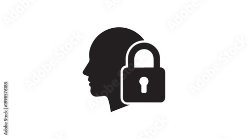 Data Privacy Icon Human Head Silhouette with Padlock for Cyber Security and Mental Protection