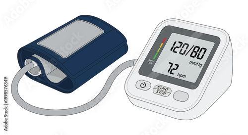 A digital blood pressure monitor displays 120 over 80 mmHg with 72 bpm readings.
