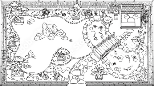 Japanese Zen Garden Line Art Illustration with Bonsai Trees, Koi Pond, and Traditional Tea House.