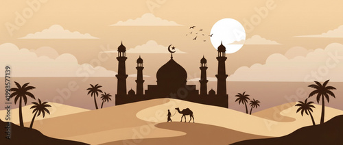 Serene desert landscape at sunset, featuring a grand mosque, solitary traveler, and camel, evoking a spiritual journey