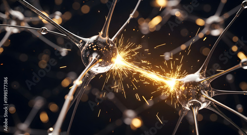 A futuristic neural network with glowing synapses made of liquid gold and glass connections, abstract AI brain activity, and digital communication against a dark background. AI generated.