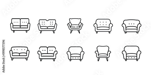 Sofa furniture line icons set comfortable armchair couch living room seating modern lounge set home interior upholstery relax decor office bench & more vector illustration with editable stroke.