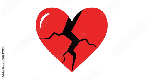 Broken red heart with jagged crack on white background