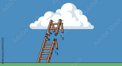 Broken wooden ladder reaching for white cloud against blue sky
