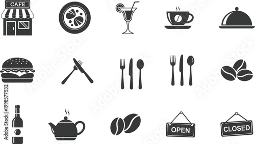 Set of flat black restaurant and cafe featuring food, drinks, and service signage
