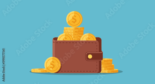 Brown wallet overflowing with gold dollar coins on blue background