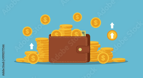 Brown wallet overflowing with gold coins for financial growth concept