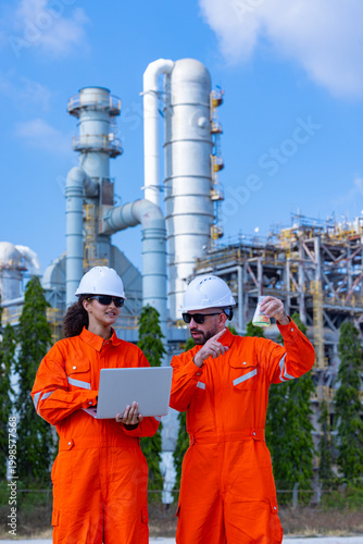 Engineers Discussing Data on Laptop at Oil Refinery