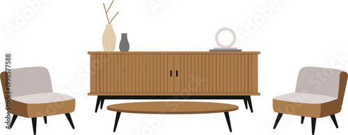 Minimal interior design scene featuring wooden sideboard armchairs and coffee table setup