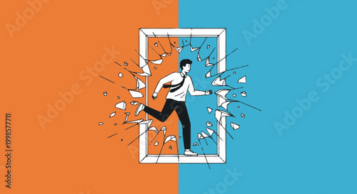 Businessman jumping through glass frame on split orange blue background