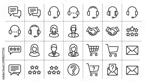 Technical support icons display a professional array of symbols for help desk operations, e-commerce interactions, and digital client communication services.