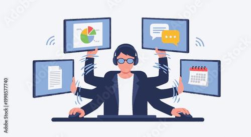 Businessman multitasking with multiple arms managing digital data screens