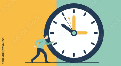 Businessman pushing giant clock representing time management and deadlines